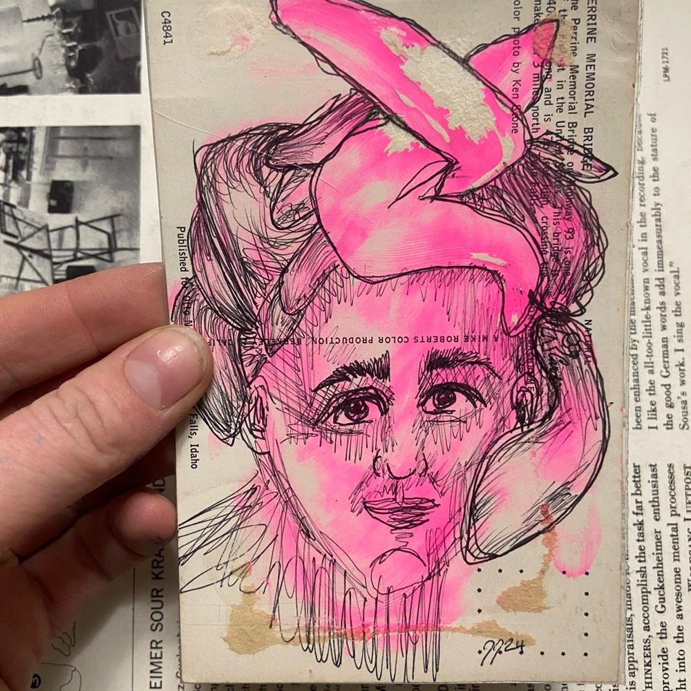 Vibrant Pink Abstract Portrait Original Art on a Vintage Postcard